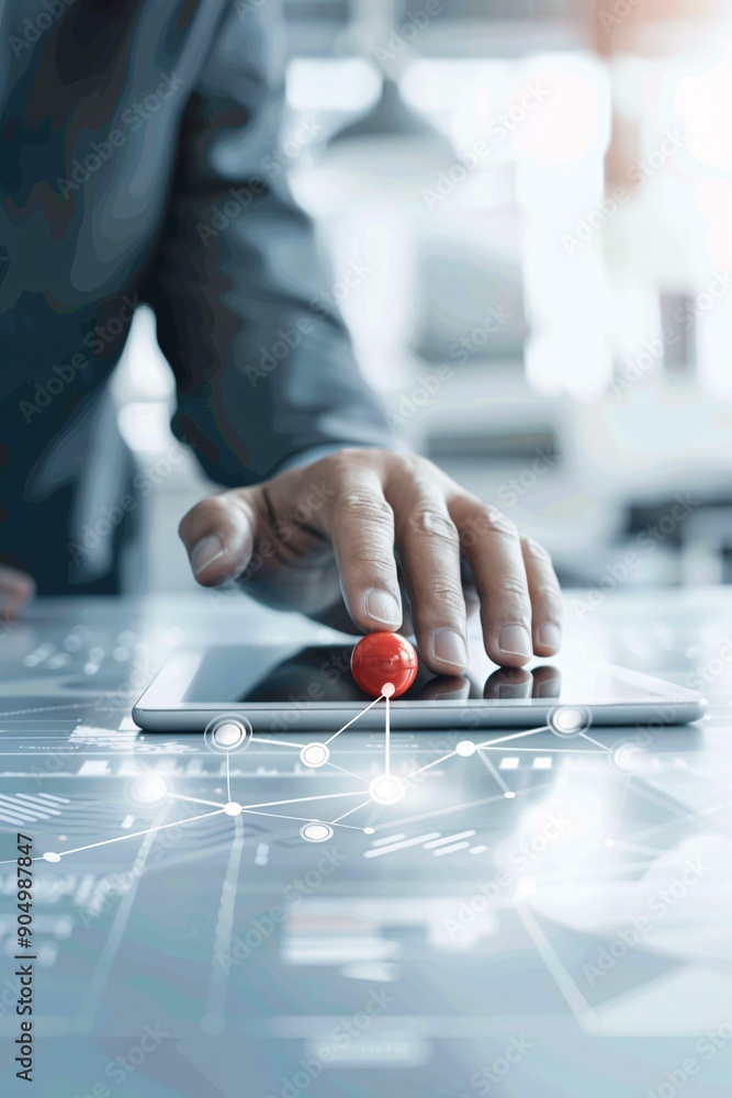 Poster an investment advisor uses a digital tablet to explain the benefits of asset diversification to a cl