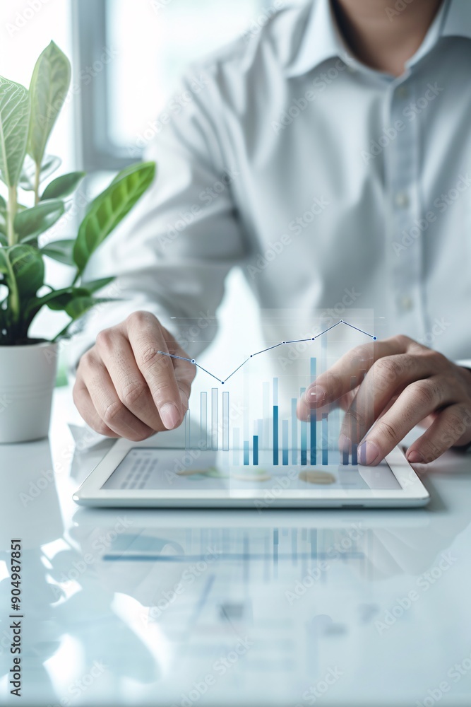 Poster an investment advisor uses a digital tablet to explain the benefits of asset diversification to a cl