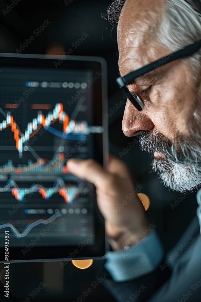 Poster an investment advisor uses a digital tablet to explain the benefits of asset diversification to a cl