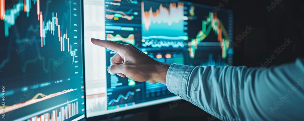 Poster a financial chart showing a diversified portfolio is prominently displayed on a computer monitor, wi