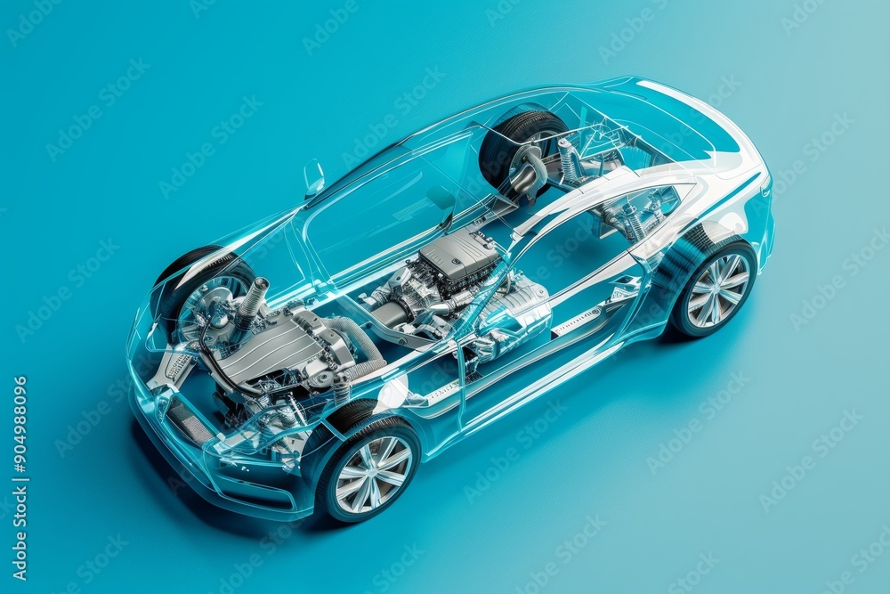 Poster detailed 3d rendering of white car structure with realistic textures on blue background