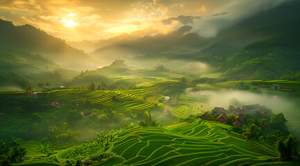 Rice terraces in the style of cinematic landscape photography, a beautiful sunrise over a misty valley with lush green rice fields and traditional Vietnamese village houses