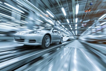Fototapeta premium Modern car plant producing silver monocoque bodies with motion blur on assembly line