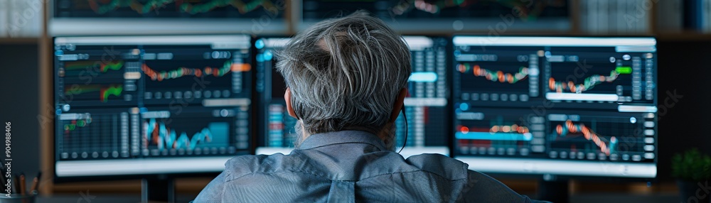 Poster a documentary-style image showing a seasoned investor analyzing various asset classes on multiple mo