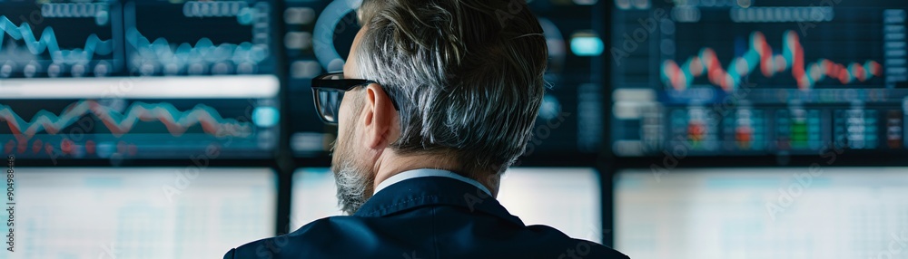 Poster a documentary-style image showing a seasoned investor analyzing various asset classes on multiple mo
