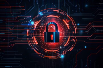 Red neon cybersecurity lock on futuristic circuit, highlighting cutting-edge security technology.