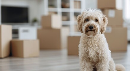 Naklejka na ściany i meble Happy Golden Retriever in New Home Surrounded by Moving Boxes