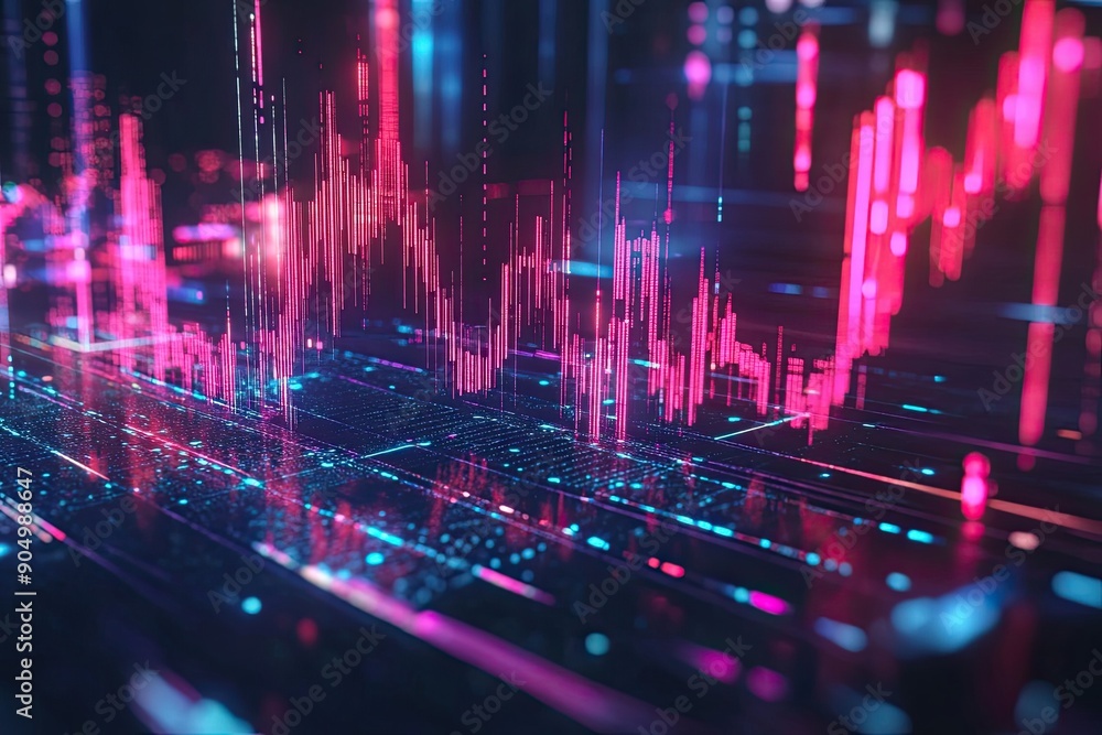 Poster abstract digital data visualization with neon lines and shapes