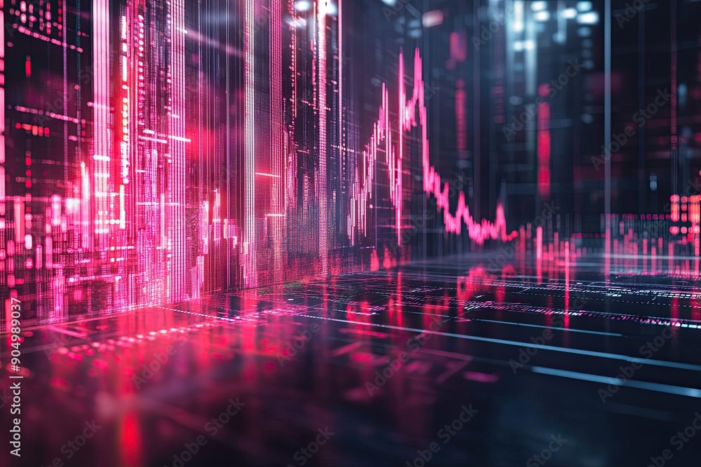 Poster abstract digital data visualization with a pink and blue color scheme.