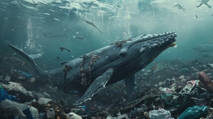 Fototapeta premium Whale swimming amid garbage, highlighting environmental pollution crisis in high quality image