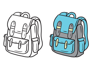 Blue and grey jeans backpack for school going with pockets in black isolated on white. Hand drawn vector sketch illustration in doodle engraved vintage line art style. Bag for children, university