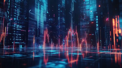 Fototapeta premium Abstract Digital Cityscape with Glowing Lines and Reflections