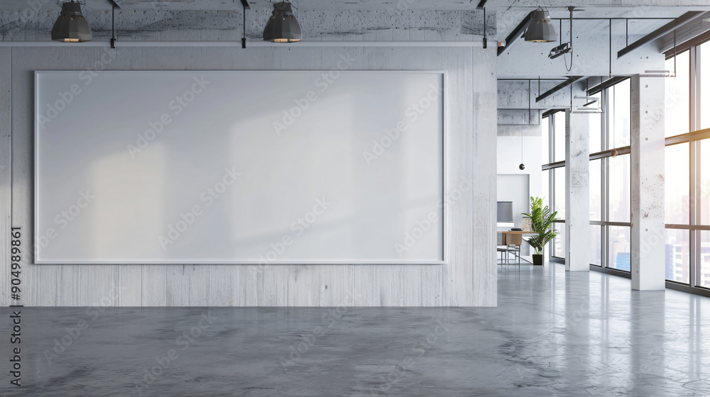 Poster modern office space with large windows and concrete walls featuring an empty white frame