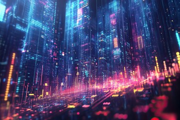 A Futuristic Cityscape with Neon Lights and Digital Data Streams