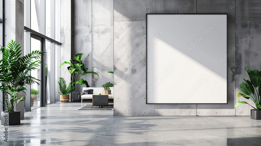 Poster empty frame hanging on a concrete wall in a modern open space office with plants and sunlight shinin