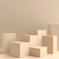 Fototapeta premium Various beige geometric blocks of different heights and sizes are arranged in a minimalist setting, bathed in soft, warm lighting against a neutral background.