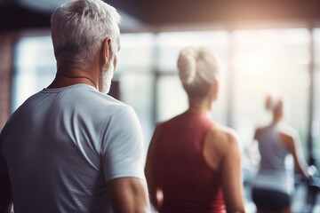Fototapeta premium Beautiful elderly people attending gym having healthy lifestyle way of life, modern indoors sports space, Generative AI