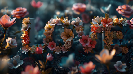 "LOVE" Floral Letters Amidst Vibrant Spring Blossoms, Dreamy Garden Scene