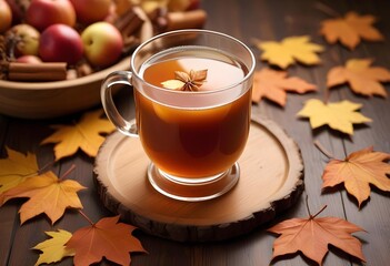 Warm autumn tea served on a wooden table surrounded by autumn leaves.