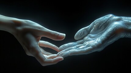 Human Hand Reaching Out to Mechanical Hand in Ethereal Setting During Twilight Hours