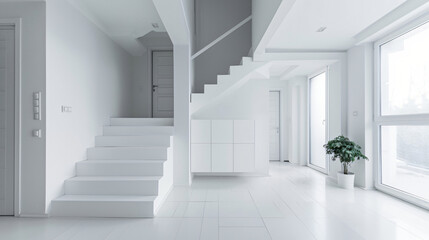 Minimalist white house interior with modern staircase leading to the second floor