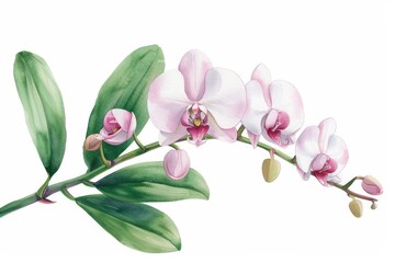 Naklejka premium Beautiful watercolor orchid floral arrangement with delicate pink petals and lush green leaves, perfect for nature-themed designs.