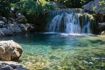 a small waterfall in the middle of a lake