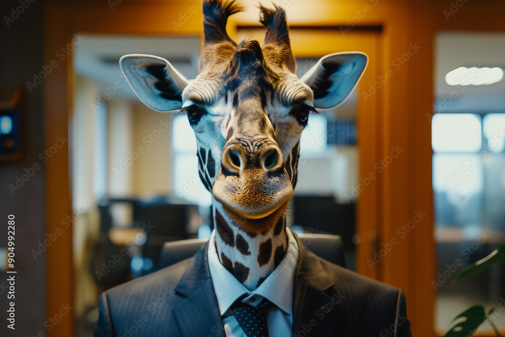 Poster created with generative ai image of giraffe animal working as office agent