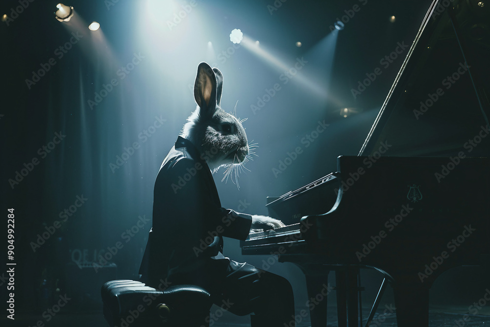 Poster created with generative ai image of rabbit animal playing piano on stage