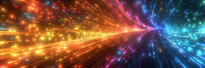 Obraz premium Spectacular Wide-Angle Image of 3D Rendered Abstract Multicolored Spectrum Background with Bright Orange-Blue Neon Rays and Colorful Radiating Lines, a Vibrant Display of Energetic Light Waves.