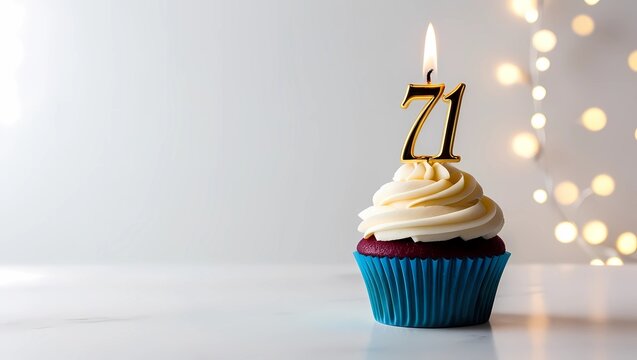 Golden Candle Number 71 on Blue Cupcake with White Frosting and Festive Lights
