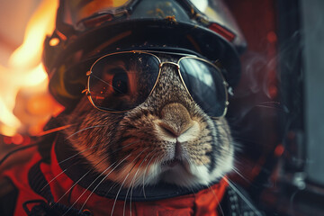Created with generative AI image of rabbit animal working as firefighter