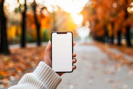 A woman's hand holding a smartphone with a blank screen against a background in a park in autumn.