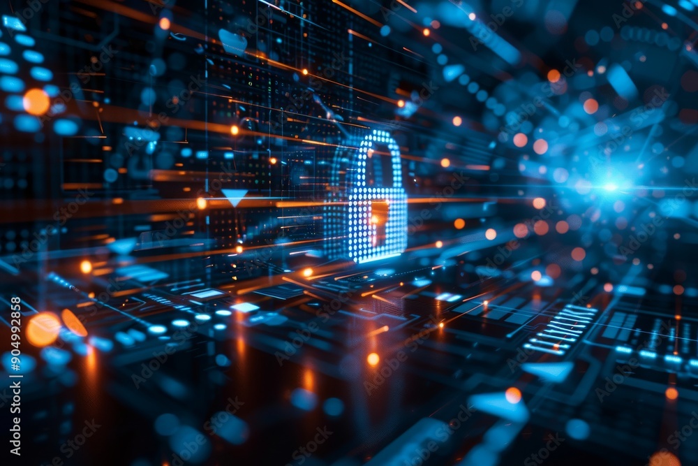 Poster dynamic digital lock in a neon cyber world, highlighting advanced cybersecurity in a high-tech netwo