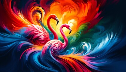 An abstract dynamic and vivid painting of two flamingoes