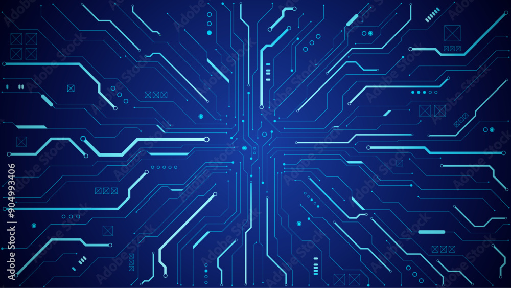 Fototapete Technology background with a circuit board with light lines, and electronic elements. Tech bg in blue. Banner with abstract AI chip or computer processor.  Digital motherboard. Vector illustration