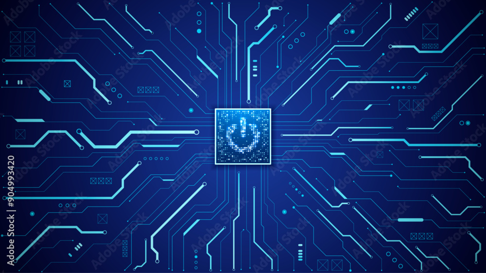 Poster Abstract CPU processor or semiconductor with Power icon with glowing pixels on technology circuit board. AI chip on a motherboard. Technology background. Tech bg in blue. Vector digital illustration.