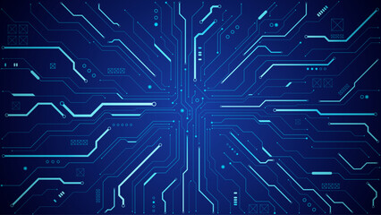 Technology background with a circuit board with light lines, and electronic elements. Tech bg in blue. Banner with abstract AI chip or computer processor.  Digital motherboard. Vector illustration