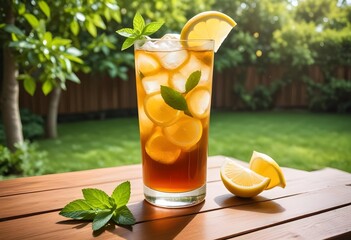 Fototapeta premium Tea with lemon and ice cubes served on a wooden table, with green grass and trees visible in the background.