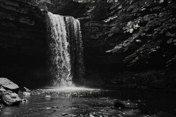 a black and white photo of a waterfall