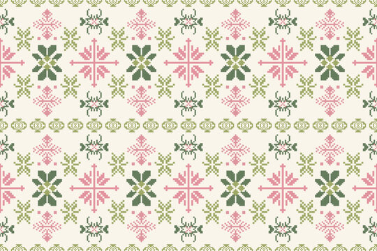 Traditional pixel art floral pattern in soft pink and green tones on beige background. Seamless cross-stitch design for fabric, wallpaper, and decoration.