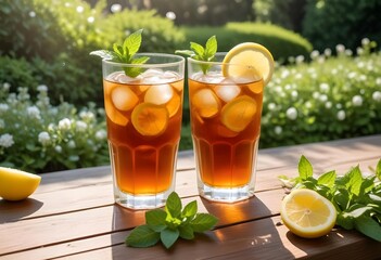 Fototapeta premium Tea with lemon and ice cubes served on a wooden table, with green grass and trees visible in the background.