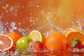 Multivitamin water wave splash with orange fruit generate AI
