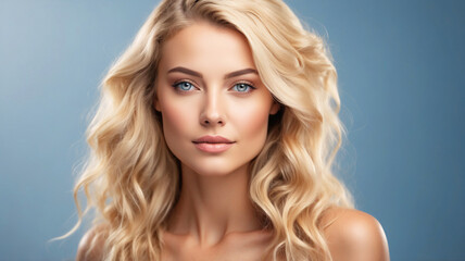 Naklejka premium Blonde woman with wavy hair, staring confidently at the camera, against a solid blue background, conveying elegance.