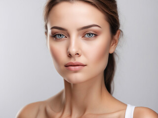 Obraz premium A classic portrait of a young woman with a calm expression, light background, and soft natural lighting highlighting features.