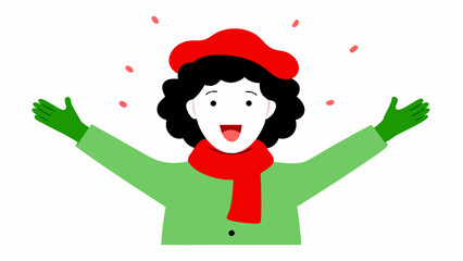 Surprised Cheerful Woman with Curly Hair Reacts to Awesome Surprise in Vector Line Art - Christmas Santa Hat & Scarf