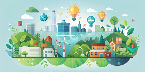 n illustrated banner representing ecological concepts and environmental sustainability, featuring elements like wind turbines, solar panels, trees, and the Earth