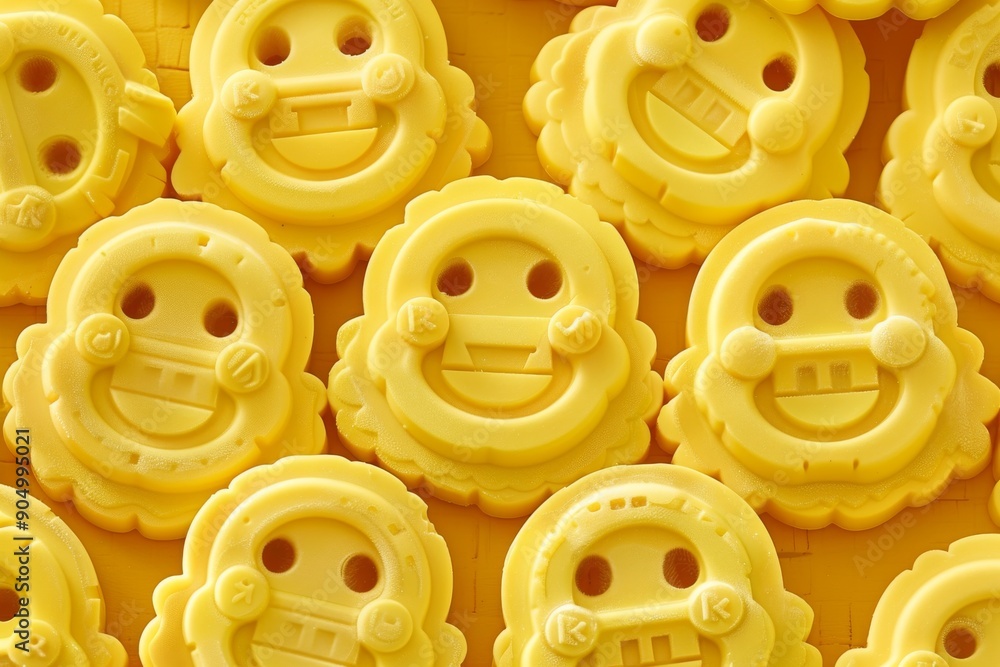 Poster array of yellow emoticon faces on a plain background, illustrating a spectrum of emotions in a simpl