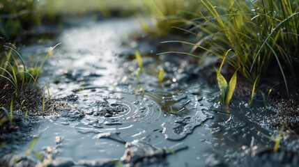 Fototapeta premium Raindrops falling on a mountain stream create ripples, showcasing the natural interaction between water and terrain in a serene environment