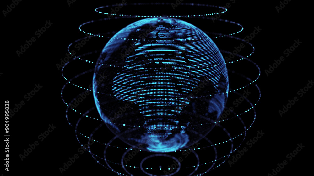 Poster Global world network concept. Safety wireless network connection technology. Big data analytics and visualization. Science background with blue planet Earth. 3D rendering.